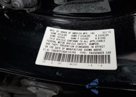 2016 Honda Accord Lx from USA, damaged, VIN 1HGCR2F38GA155398